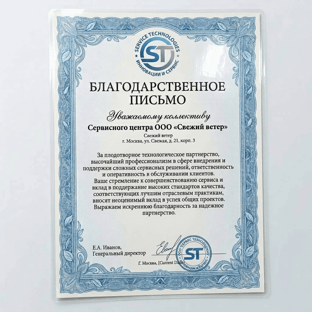 Благодарность от Stinol Technologies